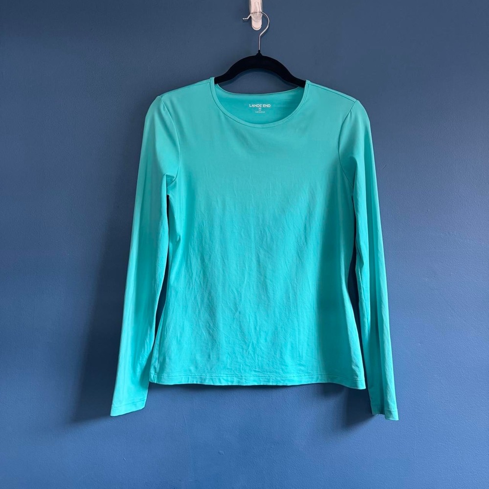 Lands End Turquoise Athletic Shirt Women's Size XS Long Sleeve Crew Neck Stretch